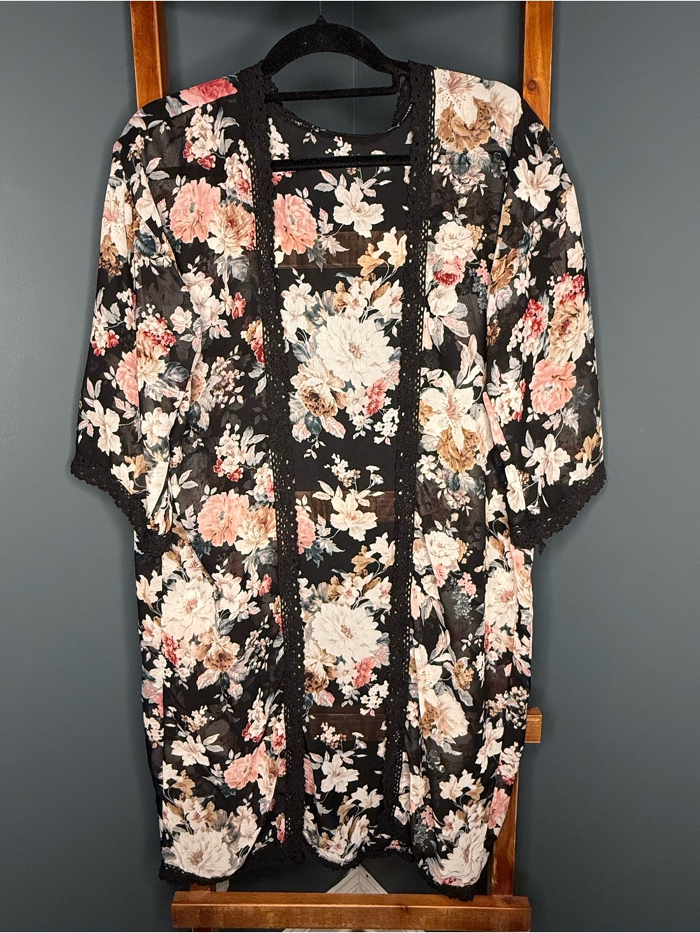 Black Floral Chiffon Kimono Cardigan | Lace Trim Open Front Boho Cover-Up - Picture 2 of 7